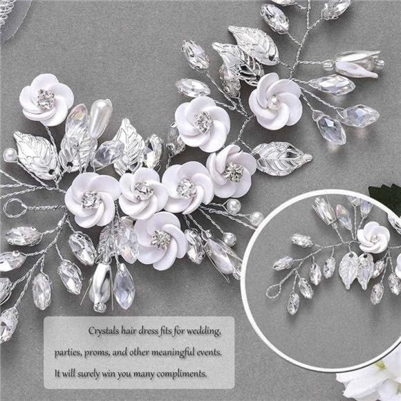 Latious Silver Flower Bride Hair Vine Crystal Bridal Hair Piece Rhinestone main image 7